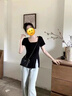 DAVEY MODE大碼微胖正肩方領(lǐng)短袖女夏季設(shè)計感開叉體恤胖MM遮肉顯瘦上衣 黑色T恤 L 【建議100~120斤】 曬單實拍圖