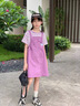 迪士尼女童夏款工裝背帶裙寬松短袖連衣裙夏季休閑兩件套 紫色 140 cm 曬單實(shí)拍圖