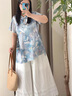 MsShe【新中式國(guó)風(fēng)套裝】大碼女裝2025夏裝胖mm印花小衫半身裙子 小衫-水晶藍(lán)色現(xiàn)貨 4XL 曬單實(shí)拍圖