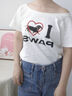 沐霓斜肩T恤女夏季美式辣妹字母印花設計感白色短袖寬松顯瘦露肩上衣 M 曬單實(shí)拍圖