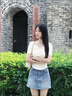 FSHE2025年春夏季新款正肩短袖T恤女法式短款氣質(zhì)設(shè)計(jì)感修身顯瘦上衣 杏色 M 曬單實(shí)拍圖
