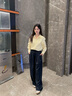 茵曼休閑條紋拼接闊腿褲2025秋季女裝新款百搭松緊高腰寬松長(cháng)褲  深藍色 S 曬單實(shí)拍圖