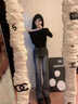 若盼美式復古彈力緊身煙灰色高腰微喇牛仔褲女春秋夏季顯瘦微喇叭褲子 黑灰色長(cháng)褲款(156-165) L 建議106-115斤 曬單實(shí)拍圖