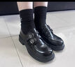月芽?jì)簶?lè )福鞋女冬季季新款英倫風(fēng)無(wú)跟厚底單鞋黑色一腳蹬小皮鞋 黑色01S 35 曬單實(shí)拍圖