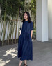 塔馳密司 TOUCH MISS燈籠袖天絲提花連衣裙女2023夏韓版收腰顯瘦長款茶歇裙 藏青色 S 曬單實拍圖