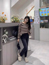 NICOLEJOLIE100%純棉2025夏季新款女針織T恤衫條紋寬松毛衣圓領(lǐng)長袖拼色上衣 咖色 JXSDY-BM859 L 曬單實(shí)拍圖