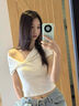貞喜氣純欲風(fēng)一字肩上衣女新款夏美式辣妹緊身露鎖骨蝴蝶結(jié)甜辣短款T恤 白色 M 曬單實(shí)拍圖