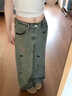 LDBE美式復古小狗刺繡高腰闊腿牛仔褲女夏季2025新款寬松顯瘦直筒褲子 復古藍 S 曬單實拍圖