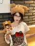 LDBE豹紋Kitty貓刺繡綁帶斜肩短袖T恤女夏季寬松美式辣妹顯瘦露肩上衣 白色 L 【120-140斤】 曬單實(shí)拍圖