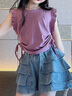 女童牛仔短褲套裝夏季2025新款兒童五分褲子薄款女孩大童裙褲夏裝 套裝【紫背心+裙褲】套裝更實惠 160 曬單實拍圖