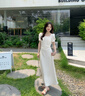 Mandy Zhang千金風(fēng)泡泡袖白色方領(lǐng)連衣裙女夏優(yōu)雅氣質(zhì)長(zhǎng)款禮服裙子 珍珠白 S 曬單實(shí)拍圖