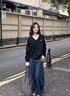 LDBEV領(lǐng)拼接蕾絲衛(wèi)衣女秋冬設(shè)計(jì)感小眾寬松韓系慵懶風(fēng)無(wú)帽長(zhǎng)袖上衣潮 黑色【春秋薄款】 M 【80-100斤】 曬單實(shí)拍圖