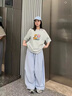 JAVC美式工裝褲子女春夏季新款復(fù)古褶皺條紋闊腿褲ins休閑運動彎刀褲 藍色 M 建議 110-125斤 曬單實拍圖