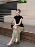 HECO【纖腰】新中式國風2025夏季新品涼感收腰側扣針織短袖T恤女 黑色（半高領） M 曬單實拍圖