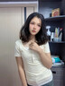 佐敘U領(lǐng)紐扣碎花T恤女蕾絲花邊小香風(fēng)假兩件上衣純欲甜辣修身顯瘦短袖 杏色 S （70-90斤） 曬單實(shí)拍圖