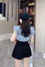 西兒學(xué)院風休閑時尚套裝夏季高級感甜美小個子藍色條紋襯衫短褲兩件套 藍色襯衫+黑色半裙 M 曬單實拍圖