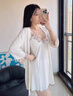 VENTION真絲睡衣女春秋高級感性感五件套女款桑蠶絲睡袍帶胸墊睡裙夏禮盒 月光白【五件套】 2XL 【135-150斤】 曬單實(shí)拍圖