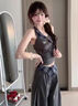 魯雅爾辣妹闊腿休閑褲子女夏季新款設(shè)計(jì)感拼接掛脖無(wú)袖上衣服兩件套裝潮 套裝 (上衣+褲子) L 曬單實(shí)拍圖