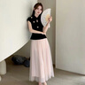 歌芭杉（GEBASHAN）品牌女裝新中式連衣裙夏季氣質(zhì)名媛國風(fēng)T恤上衣網(wǎng)紗半身裙兩件套 黑色上衣+杏色裙 L 曬單實(shí)拍圖