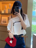 有肩帶斜肩潮流短袖t恤女2025新款夏季慵懶風(fēng)設(shè)計(jì)感露肩吊帶上衣 白色 M 曬單實(shí)拍圖
