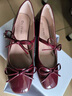 微光里小紅鞋女酒紅色瑪麗珍小皮鞋蝴蝶結一字帶淺口粗跟方頭法式女鞋 酒紅色 36 曬單實(shí)拍圖