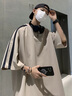 OEMG 重磅短袖男款夏天美式條紋t恤oversize潮牌潮流五分大碼上衣服 杏色 XL 【建議135-150斤】 曬單實拍圖