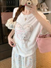 LDBE白色短袖T恤女2025新款貓咪印花夏季寬松韓系顯瘦蝴蝶結(jié)圓領(lǐng)上衣 白色 M 【80-100斤】 曬單實(shí)拍圖