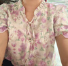 秋水伊人甜美木耳邊小立領(lǐng)雪紡衫2024夏季新款女碎花減齡短袖上衣 米粉 L 曬單實拍圖