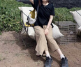 瀅筎悠冰絲垂感休閑裙褲子女夏季薄款2025年新款七分褲小個子闊腿褲 卡其色-有口袋 L110-125斤 均碼 曬單實拍圖