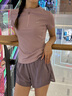 百思絨瑜伽服短袖套裝女專業(yè)速干衣網(wǎng)紗運(yùn)動(dòng)套裝夏季新款透氣跳繩健身服 紫色兩件套（灰咖紫褲） L 曬單實(shí)拍圖