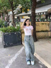 美式復古小狗刺繡高腰闊腿牛仔褲女夏季新款寬松顯瘦直筒拖地褲子 復古藍 M 曬單實拍圖