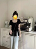 DAVEY MODE大碼微胖正肩方領(lǐng)短袖女夏季設(shè)計感開叉體恤胖MM遮肉顯瘦上衣 黑色T恤 L 【建議100~120斤】 曬單實拍圖