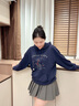 lagogo可愛(ài)小狗刺繡連帽衛衣女拉谷谷2025年秋季新款松弛落肩上衣 藏青色 S 曬單實(shí)拍圖