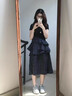 與欣裙子女夏季2025新款韓系藍(lán)色連衣裙高級(jí)感格紋拼接收腰開叉蛋糕裙 藍(lán)色 均碼 曬單實(shí)拍圖