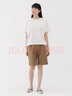 無印良品（MUJI）女式 粗細不均棉線絲光斜紋抽褶中褲 褲子女款25年夏季短褲女裝 深米色 M （160/66A） 曬單實拍圖