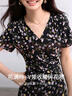 尚都比拉斜搭V領防走光暗扣腰部褶皺短袖印花雪紡連衣裙女夏收腰顯瘦裙子 曬單實拍圖