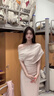 GARNUO法式斜肩蕩領(lǐng)一字肩連衣裙子女夏2025新款收腰褶皺露肩包臀裙長裙 灰杏色 M 【101-110斤】 曬單實拍圖
