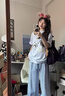 魯雅爾格子闊腿褲子女春秋季薄款高腰寬松直筒休閑褲大碼胖mm顯瘦山本褲 藍色 L 曬單實(shí)拍圖