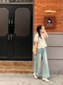 夏雨瑤高腰闊腿牛仔褲女2025春秋新款復(fù)古毛邊設(shè)計(jì)顯高顯瘦九分直筒褲子 藍(lán)色 （無腰帶） XL 建議115-125斤 曬單實(shí)拍圖
