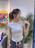 啄木鳥(niǎo)正肩短袖t恤女夏季2025新款圓領(lǐng)褶皺修身顯瘦收腰上衣 麻灰色  S 曬單實(shí)拍圖
