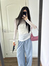 槿城韓系白色冰絲防曬罩衫女夏季長袖微透夏季薄款修身針織衫t恤上衣 白色 T9015 S 【建議75-95斤】 曬單實拍圖