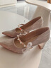 小野七天一字帶尖頭高跟鞋粗跟主婚紗婚鞋女秀禾法式細閃閃水晶伴娘新娘鞋 香檳色 37 曬單實(shí)拍圖