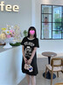 MsShe【珠地棉】大碼女裝2025夏裝胖mm閃粉印花拼接百褶T恤連衣裙 黑色現(xiàn)貨 3XL 曬單實拍圖