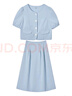 茵曼（INMAN）法式小香風(fēng)兩件套裝女2025夏季通勤氣質(zhì)短袖襯衫A字半身裙 藍色_貝母扣顏色隨機 S 曬單實(shí)拍圖