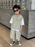 mlgt kids童裝男童套裝夏季新款韓版帥氣兒童短袖工裝衣服男孩夏裝 綠色 帥氣假兩件短袖短褲套裝 100 曬單實(shí)拍圖