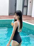 Rindu死庫水泳衣女性感純欲日系學(xué)生競速泳衣連體三角泳衣保守泡溫泉 藏青色兩件套（泳衣+平角褲） 均碼 【適合75-130斤】 曬單實(shí)拍圖
