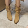 TOOMANYSHOES 秋日記憶 騎士靴高跟短靴尖頭短靴美拉德堆堆靴女 吳昕同款 淺卡其（尖頭款）預售10天 36 曬單實(shí)拍圖