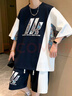 佐菲利痞帥拼接短袖套裝男2025夏季落肩袖寬松半袖T短褲休閑運動兩件套 曬單實拍圖