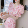 蔻伊婭（Kouyiya）高端品牌女裝新品復古粉色收腰連衣裙女裝氣質(zhì)名媛修身v領(lǐng)雪紡裙 粉紅色 S 曬單實(shí)拍圖