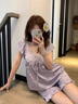 紫色V領小飛袖蝴蝶冰絲睡衣女款夏帶胸墊甜美家居服2025新款夏天 睡衣套裝(帶胸墊冰絲) S 碼建議80-90斤 曬單實拍圖